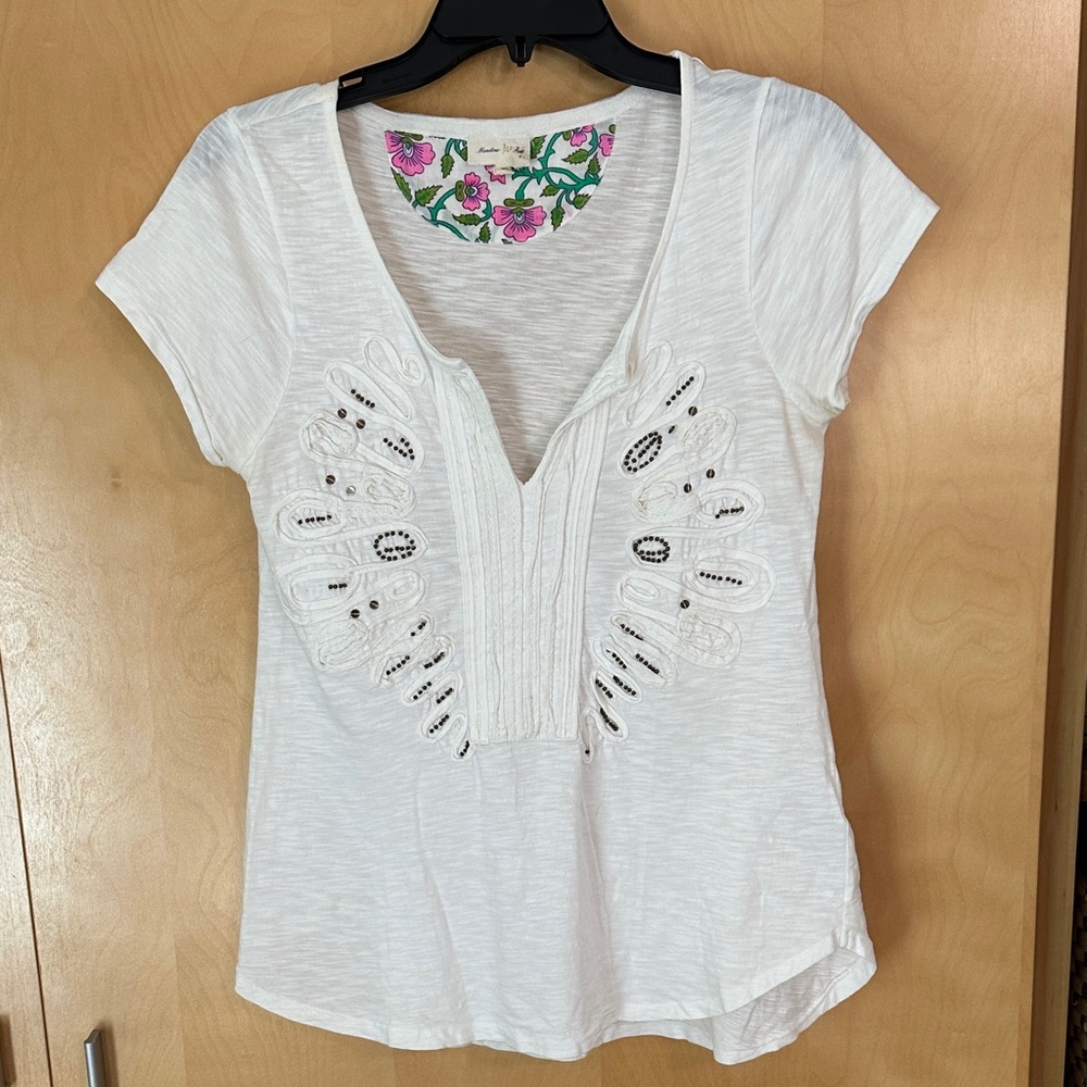 Meadow Rue for Anthropologie White Beaded & Embroidered Short Sleeve Top